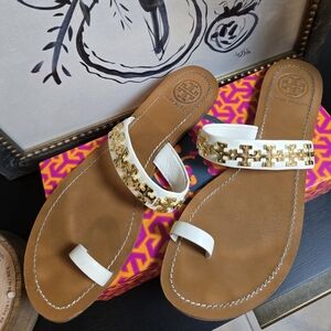 Tory Burch White and Gold Sandals